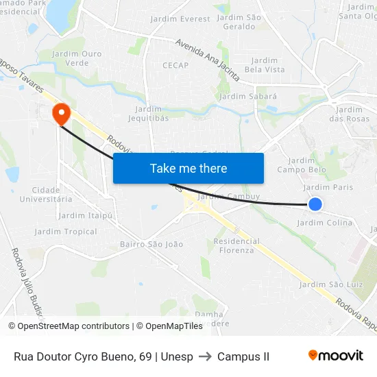 Rua Doutor Cyro Bueno, 69 | Unesp to Campus  II map