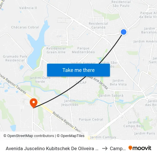 Avenida Juscelino Kubitschek De Oliveira Presidente, 4045 to Campus  II map