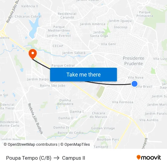 Poupa Tempo (C/B) to Campus  II map
