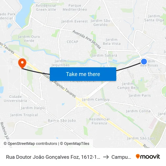 Rua Doutor João Gonçalves Foz, 1612-1808 to Campus  II map