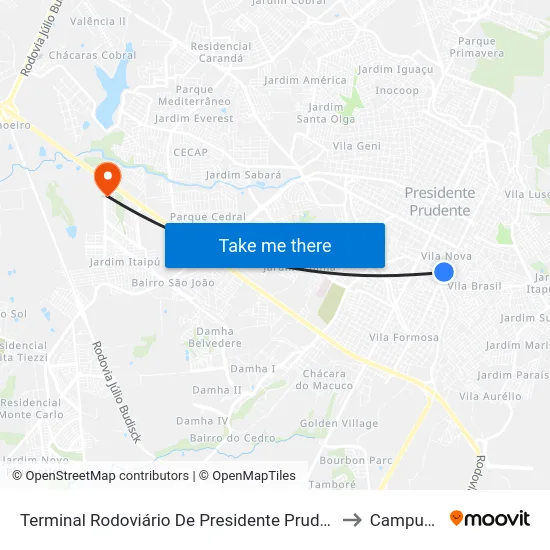 Terminal Rodoviário De Presidente Prudente to Campus  II map