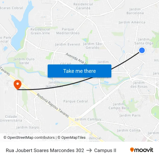 Rua Joubert Soares Marcondes 302 to Campus  II map