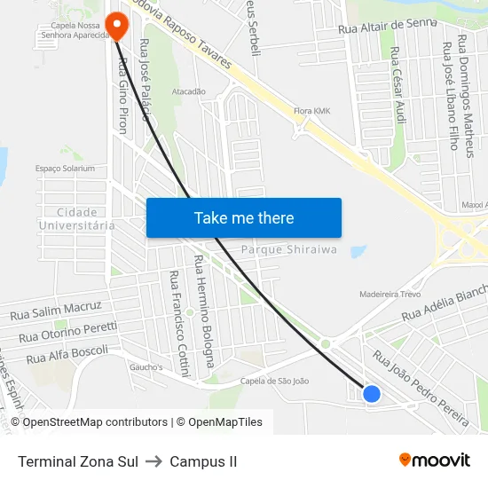 Terminal Zona Sul to Campus  II map
