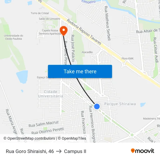 Rua Goro Shiraishi, 46 to Campus  II map
