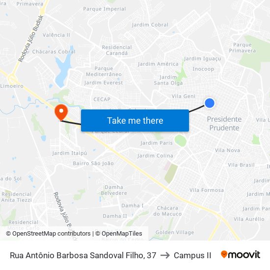 Rua Antônio Barbosa Sandoval Filho, 37 to Campus  II map