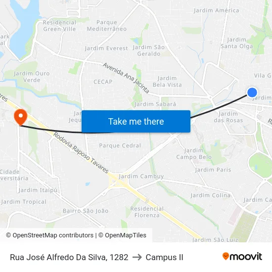 Rua José Alfredo Da Silva, 1282 to Campus  II map