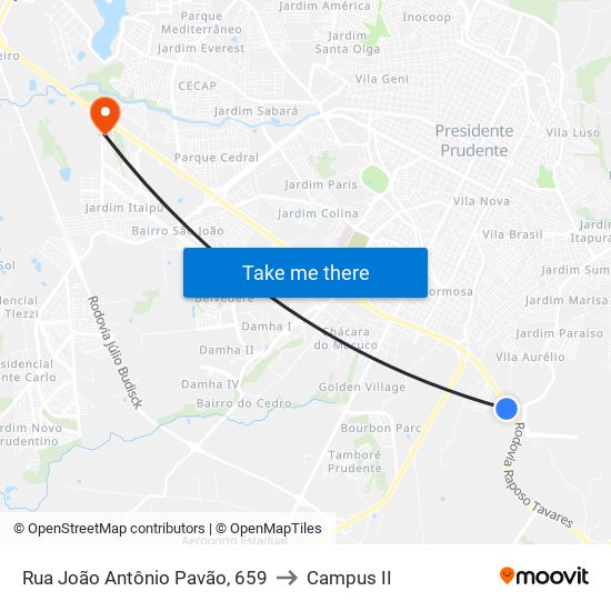 Rua João Antônio Pavão, 659 to Campus  II map