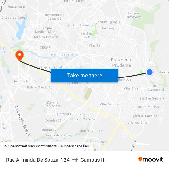 Rua Arminda De Souza, 124 to Campus  II map