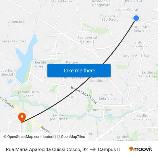 Rua Maria Aparecida Cuissi Cesco, 92 to Campus  II map