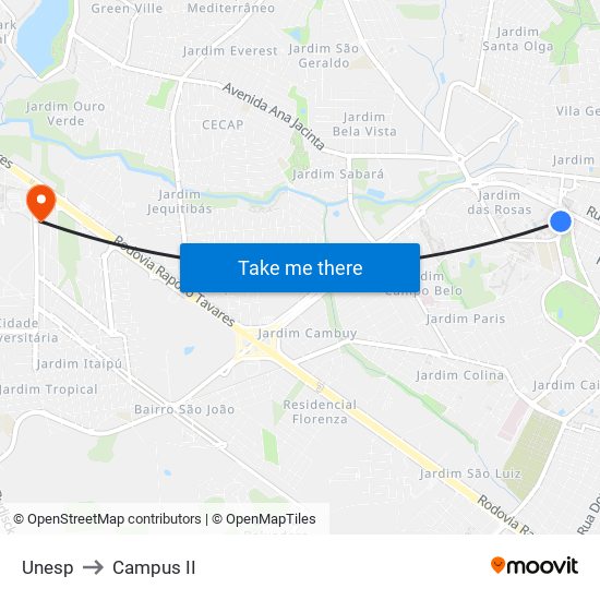 Unesp to Campus  II map