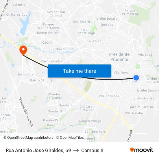 Rua Antônio José Giraldes, 69 to Campus  II map