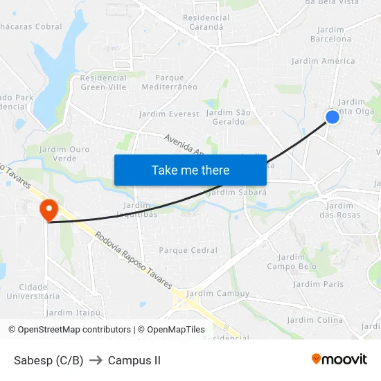 Sabesp (C/B) to Campus  II map