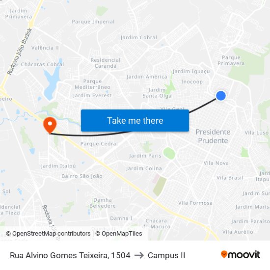 Rua Alvino Gomes Teixeira, 1504 to Campus  II map