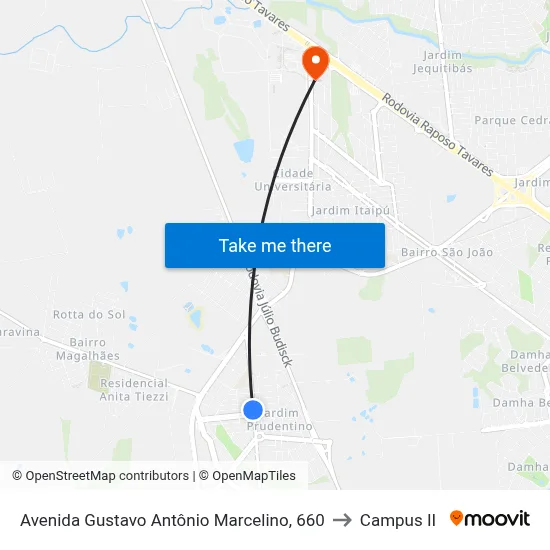 Avenida Gustavo Antônio Marcelino, 660 to Campus  II map
