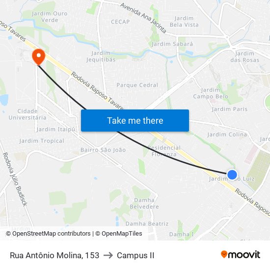 Rua Antônio Molina, 153 to Campus  II map