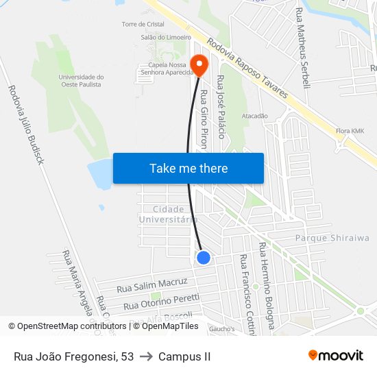 Rua João Fregonesi, 53 to Campus  II map