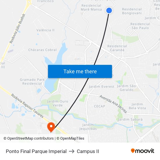 Ponto Final Parque Imperial to Campus  II map