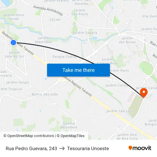 Rua Pedro Guevara, 243 to Tesouraria Unoeste map