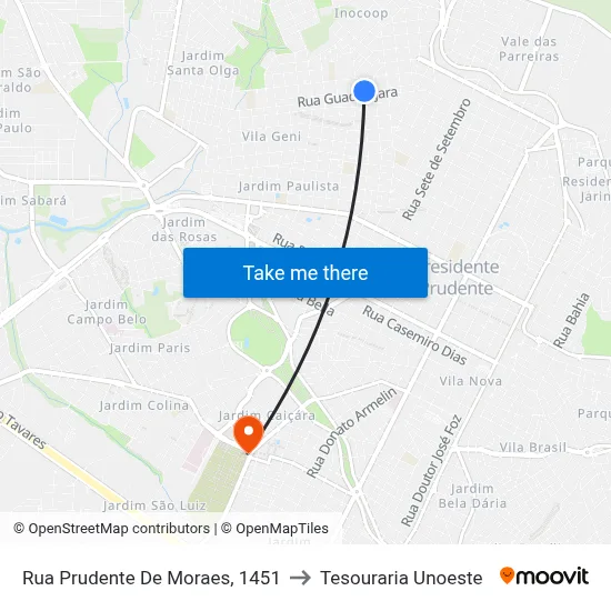 Rua Prudente De Moraes, 1451 to Tesouraria Unoeste map