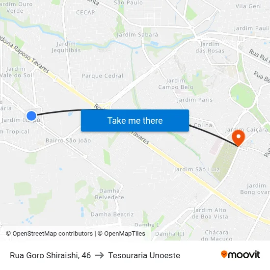 Rua Goro Shiraishi, 46 to Tesouraria Unoeste map