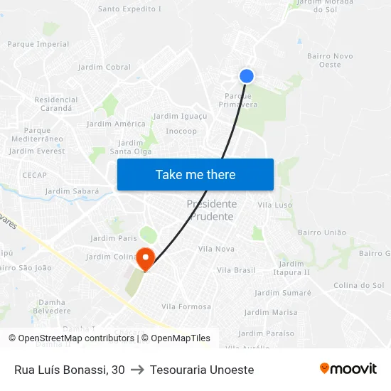 Rua Luís Bonassi, 30 to Tesouraria Unoeste map
