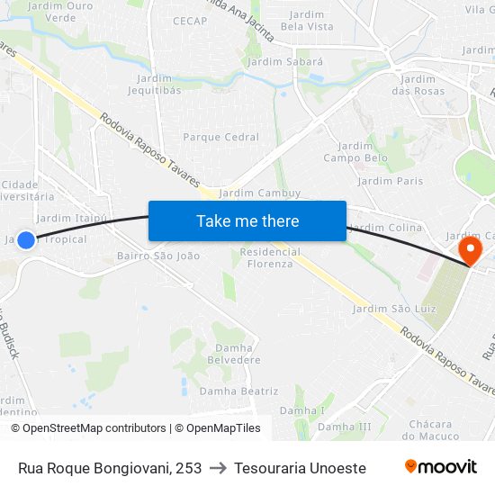 Rua Roque Bongiovani, 253 to Tesouraria Unoeste map