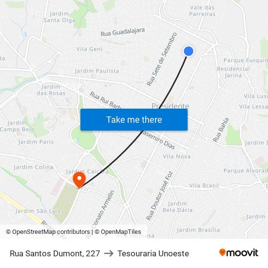 Rua Santos Dumont, 227 to Tesouraria Unoeste map