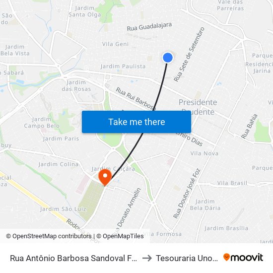 Rua Antônio Barbosa Sandoval Filho, 37 to Tesouraria Unoeste map