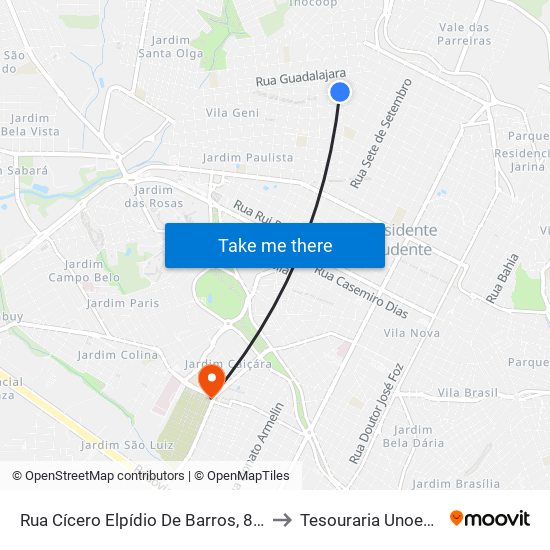 Rua Cícero Elpídio De Barros, 815 to Tesouraria Unoeste map