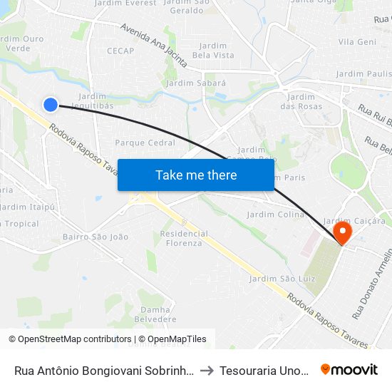 Rua Antônio Bongiovani Sobrinho, 87 to Tesouraria Unoeste map