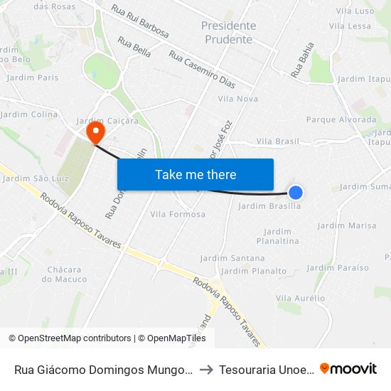 Rua Giácomo Domingos Mungo, 229 to Tesouraria Unoeste map