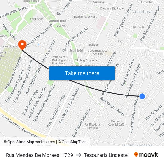 Rua Mendes De Moraes, 1729 to Tesouraria Unoeste map