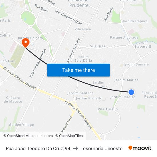 Rua João Teodoro Da Cruz, 94 to Tesouraria Unoeste map