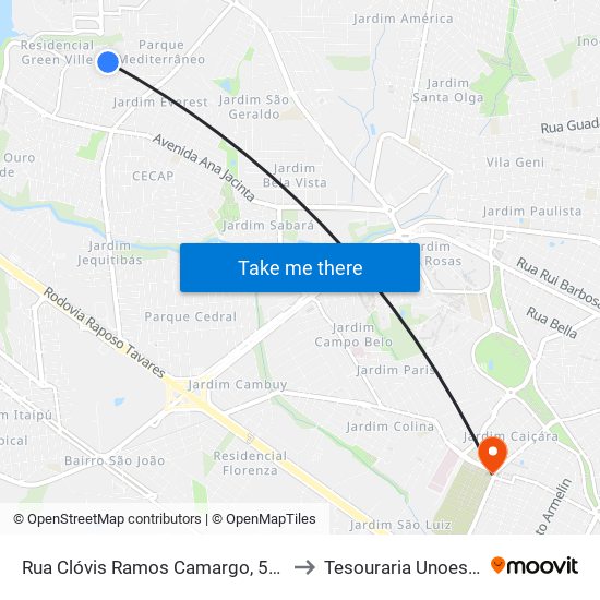 Rua Clóvis Ramos Camargo, 514 to Tesouraria Unoeste map