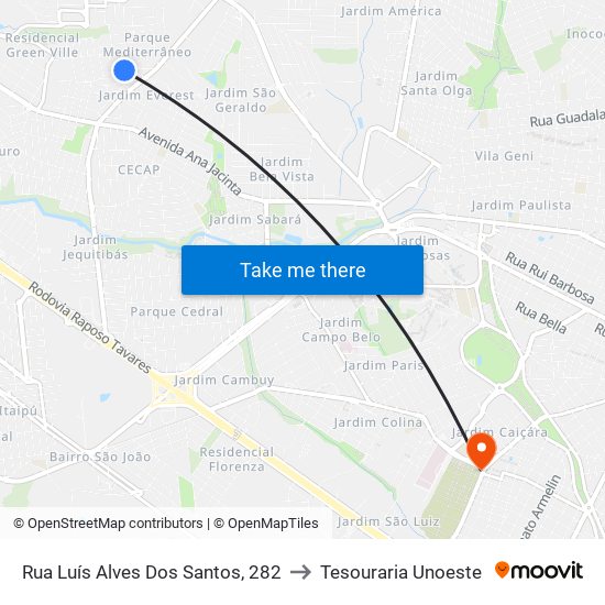 Rua Luís Alves Dos Santos, 282 to Tesouraria Unoeste map