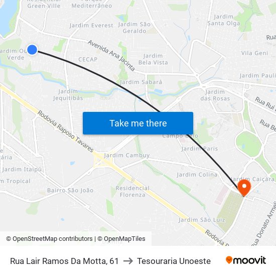 Rua Lair Ramos Da Motta, 61 to Tesouraria Unoeste map