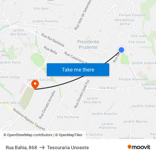 Rua Bahia, 868 to Tesouraria Unoeste map