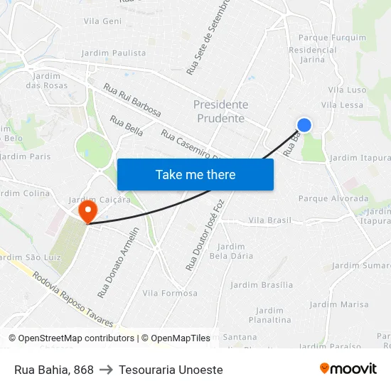 Rua Bahia, 868 to Tesouraria Unoeste map