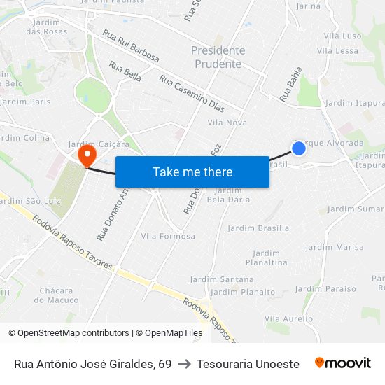 Rua Antônio José Giraldes, 69 to Tesouraria Unoeste map