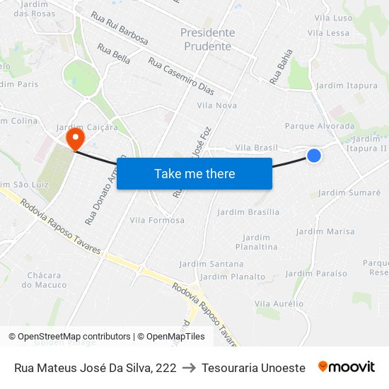 Rua Mateus José Da Silva, 222 to Tesouraria Unoeste map