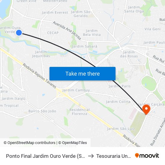 Ponto Final Jardim Ouro Verde (Servantes) to Tesouraria Unoeste map