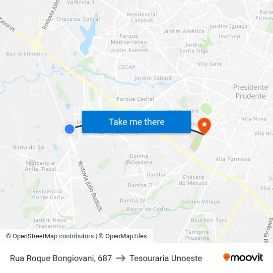 Rua Roque Bongiovani, 687 to Tesouraria Unoeste map