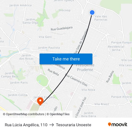 Rua Lúcia Angélica, 110 to Tesouraria Unoeste map