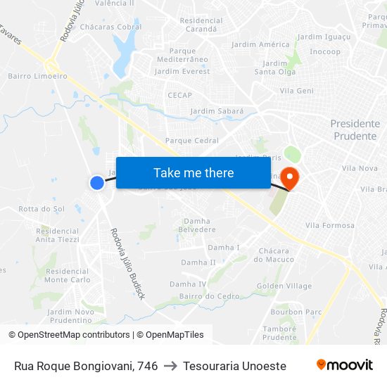 Rua Roque Bongiovani, 746 to Tesouraria Unoeste map