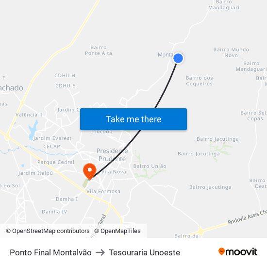 Ponto Final Montalvão to Tesouraria Unoeste map