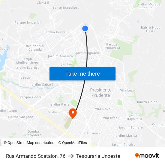 Rua Armando Scatalon, 76 to Tesouraria Unoeste map