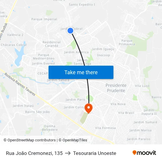 Rua João Cremonezi, 135 to Tesouraria Unoeste map