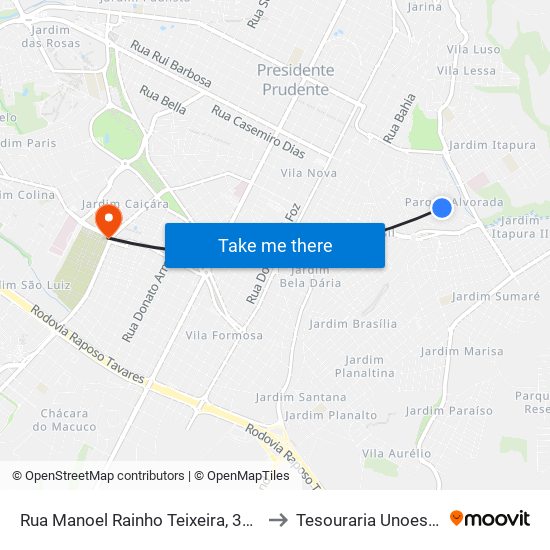 Rua Manoel Rainho Teixeira, 395 to Tesouraria Unoeste map