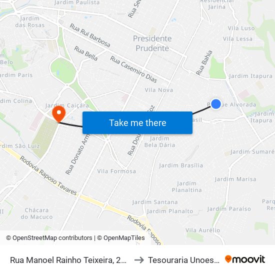 Rua Manoel Rainho Teixeira, 233 to Tesouraria Unoeste map