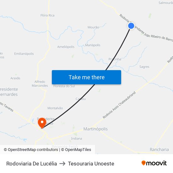 Rodoviaria De Lucélia to Tesouraria Unoeste map